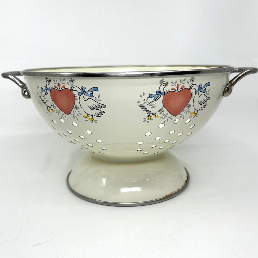 Vintage Marmalade Goose Colander Strainer Enamel Blue Bowed Heart Cottagecore